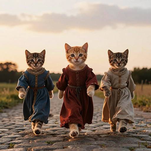 Photograph of three anthropomorphic tabby cats walking on a cobblestone path at sunset, wearing medieval-style dresses in blue, red, and beige