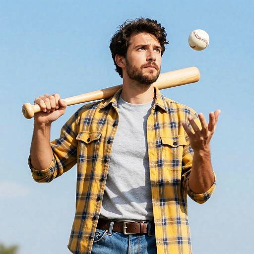Man Holding Baseball Bat and Tossing Ball