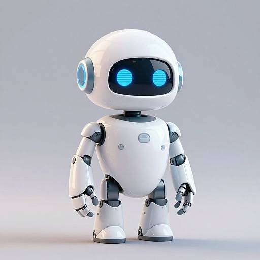 CGI image of a cute, white, humanoid robot with blue glowing eyes and black accents standing against a plain, light gray background.