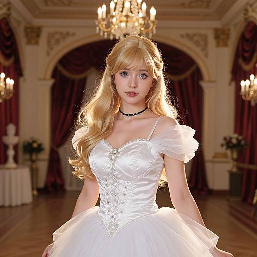 Blonde woman with blue eyes in a white, lace-embellished ball gown stands in an opulent, chandelier-lit room with red
