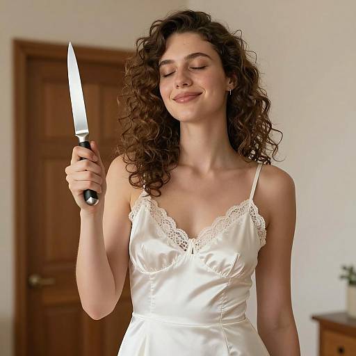 Elegant Woman with Knife and Satin Dress