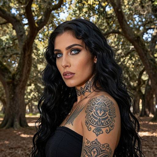 Photograph of a tattooed woman with long black hair, striking blue eyes, and wearing a black strapless top, standing in a sunlit,