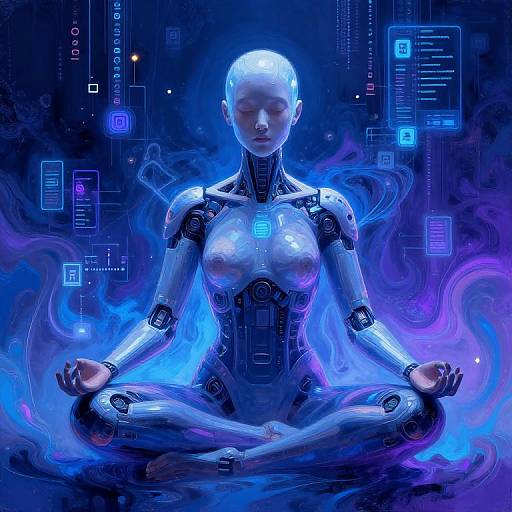 Digital artwork of a bald, humanoid robot with glowing blue circuits, meditating cross-legged in a neon blue, cybernetic background.