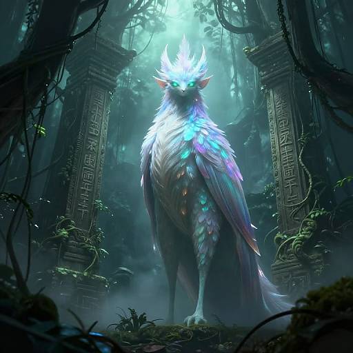 Digital fantasy artwork of a glowing, ethereal wolf with iridescent fur and horns, standing in a mystical, ancient forest with moss-covered pillars.