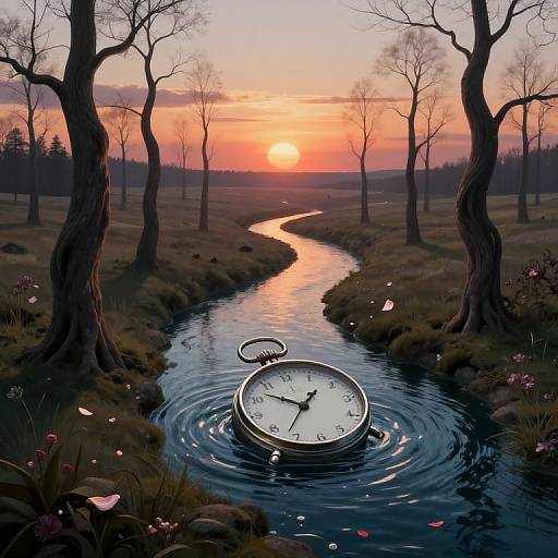 Digital artwork: A large, floating clock with black hands and numbers, submerged in a calm river, surrounded by bare trees at sunset, with a golden