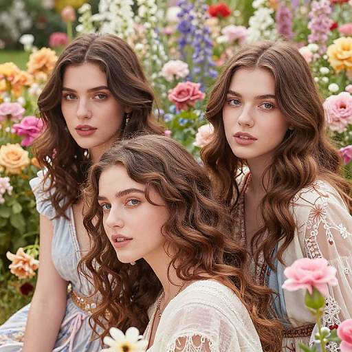Photograph of three young women with long, wavy brown hair, wearing white lace dresses, standing amidst a vibrant garden of colorful roses.