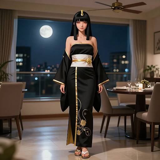 Cinematic Black-Haired Girl in Kimono