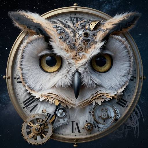 Digital artwork of a mechanical owl with detailed feathers and gears, featuring large yellow eyes, set against a starry night background. Clock face with Roman numer