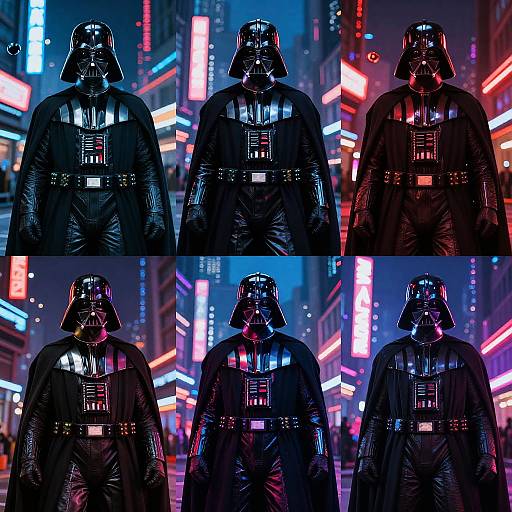 Photographic collage of Darth Vader in a neon-lit urban night scene, showcasing his black, glossy armor and cape with reflective panels, illuminated by vibrant