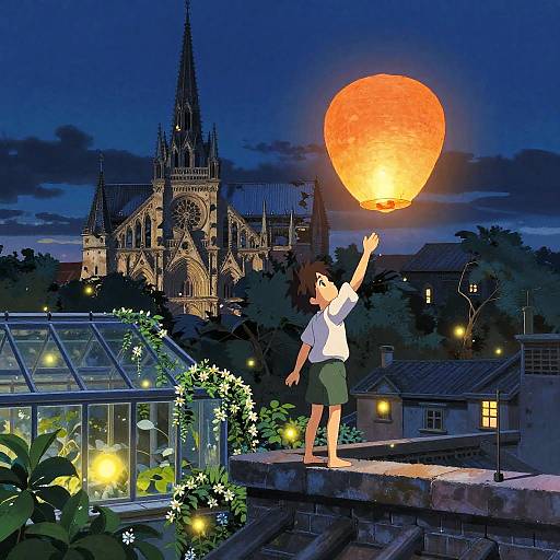 Child Releasing Lanterns on Rooftop Greenhouse