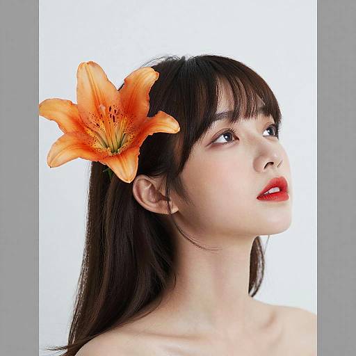 Photograph of an Asian woman with fair skin, dark brown hair, and a bright orange lily in her hair, looking upward, red lips,