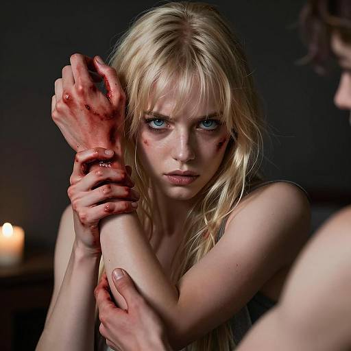 Intense Blonde Woman with Bruised Arm