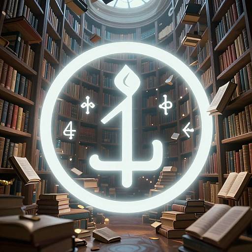 Photograph of a dimly lit library with wooden shelves, scattered books, and glowing white clock face in the center.