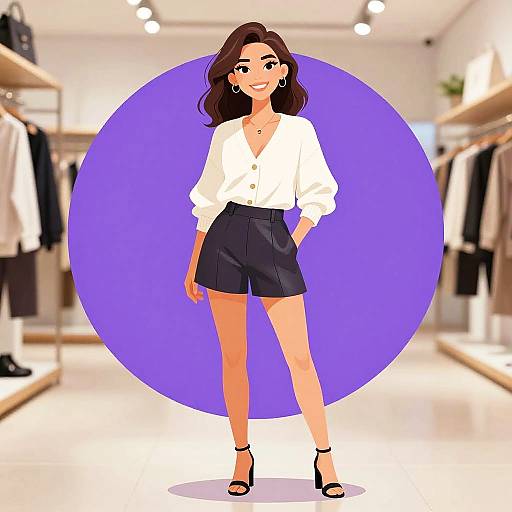 Digital illustration of a smiling woman with long brown hair, wearing a white blouse, black shorts, black heels, and earrings, standing in a brightly lit