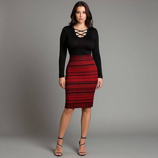 Photograph of a woman with wavy brown hair, wearing a black long-sleeve top with crisscross lace-up neckline, and a red