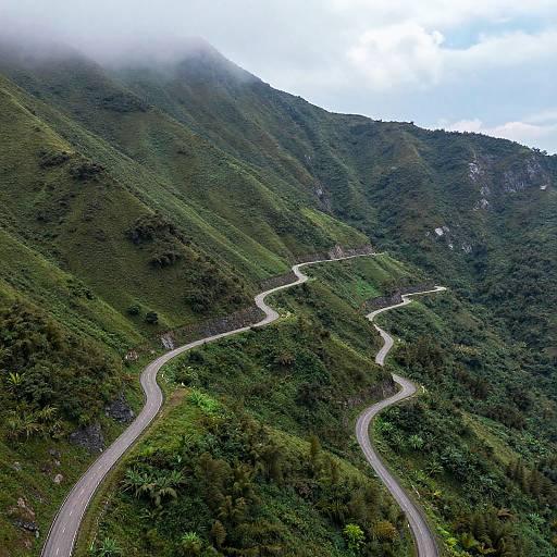 Winding Mountain Road Through Lush Green Hills