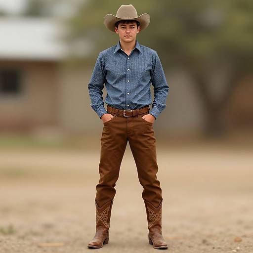 Photograph of a young man in a blue checkered shirt, brown cowboy boots, and brown pants, wearing a beige cowboy hat, standing confidently with
