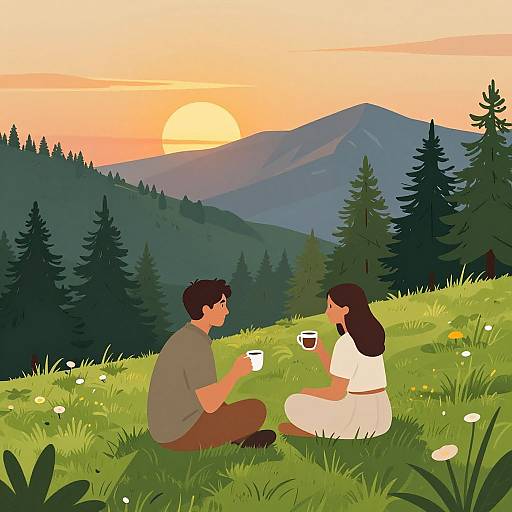 Illustration of a man and woman sitting on a grassy hill, holding mugs, watching a sunset over mountains and pine trees.