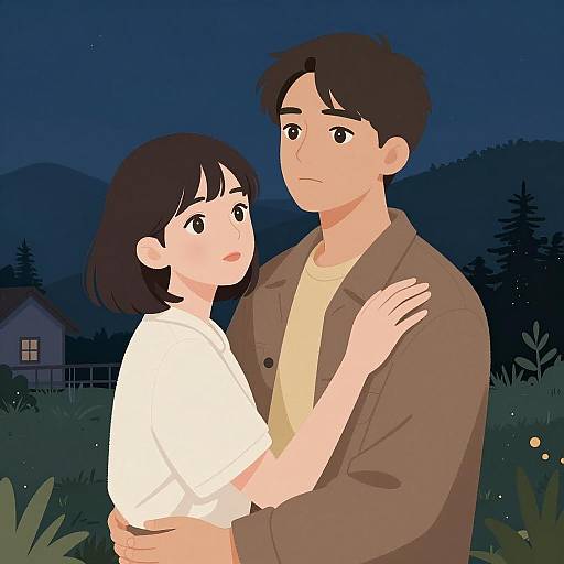 Couple Embracing Under Night Sky