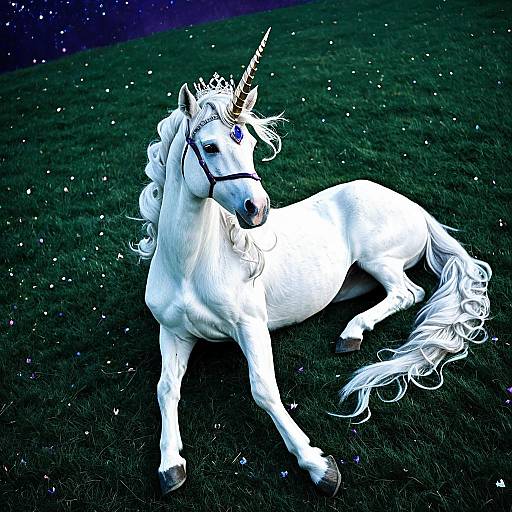 Graceful Unicorn with Silver Mane Lying on Grass