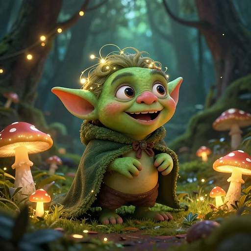 CGI image of a cheerful, green goblin with large ears, wearing a moss cloak and fairy lights in a magical forest with glowing mushrooms.