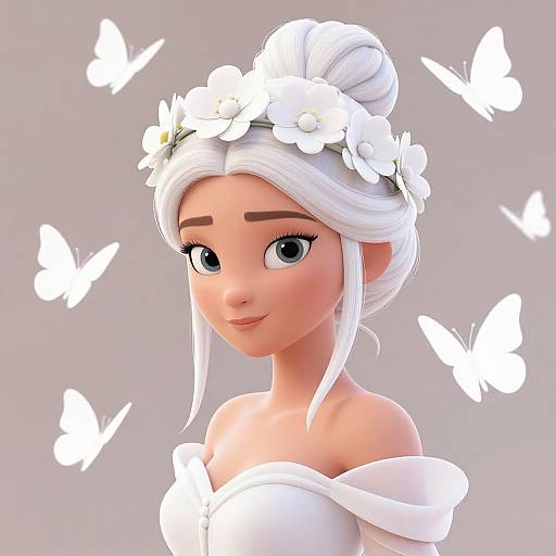 CGI digital art of a cute, fair-skinned, wide-eyed woman with white hair in a bun, white flower crown, off-shoulder