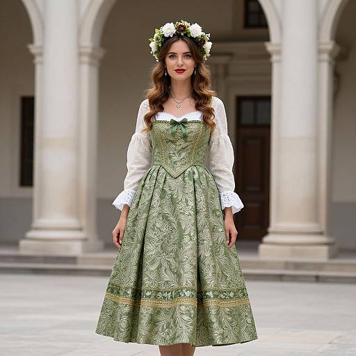 Photograph of a fair-skinned woman with wavy brown hair, wearing a green, intricately patterned Renaissance-style dress and white lace sleeves,