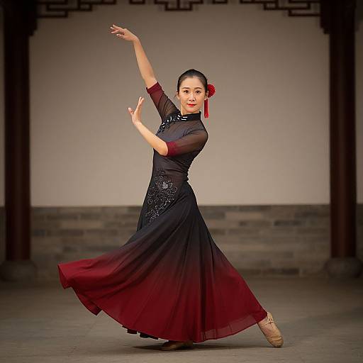 Photograph of an Asian ballerina in a black and red dress, red flower in hair, dancing with arms gracefully raised, in a traditional Chinese