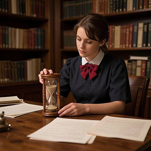 Photograph of a focused young woman with dark hair in a navy dress and red bow, holding an hourglass, surrounded by books and papers in a