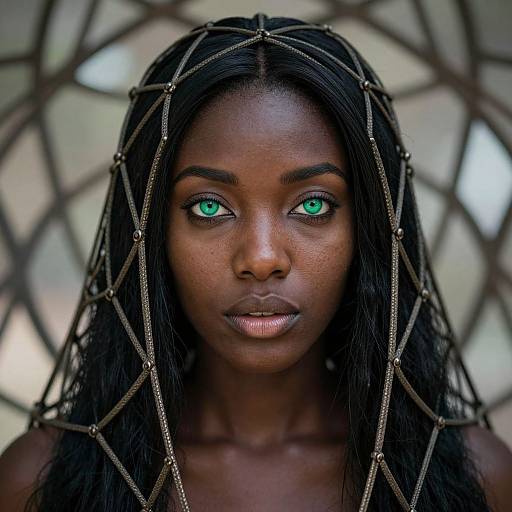 Photograph of a dark-skinned woman with striking green eyes, wearing a intricate beaded headpiece, against a blurred geometric background.