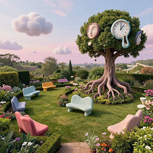 Whimsical garden scene with oversized tree clock, colorful chairs, and vibrant flowers; surreal, digital art style.