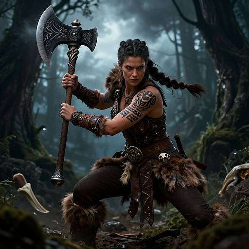 Digital fantasy artwork of a fierce, tattooed, dark-haired warrior woman with braided hair, wielding a large, ornate axe in a misty