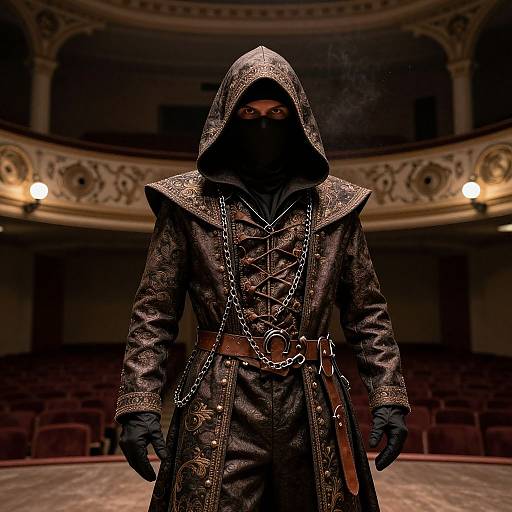 Mysterious hooded figure in detailed brown cloak with chains and leather straps, standing in ornate, dimly lit theater. Photorealistic CGI.