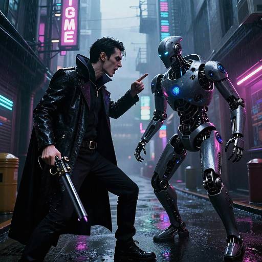 Cyberpunk street showdown: dark-haired man in black coat and trench, pointing gun, faces glowing robotic opponent under neon-lit, rain-soaked