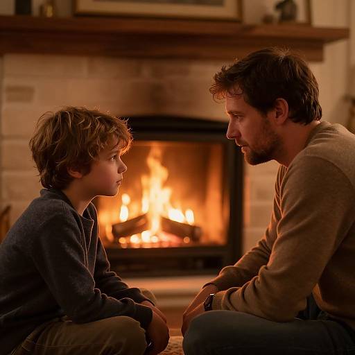 Photograph of a father and son sitting closely in front of a warm, glowing fireplace, sharing an intimate moment, both wearing cozy sweaters.