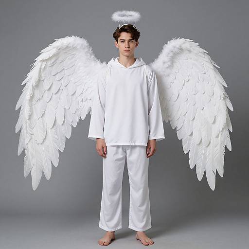 Photograph of a young man with short curly brown hair, wearing a white angel costume with large white feather wings and a glowing halo, standing barefoot