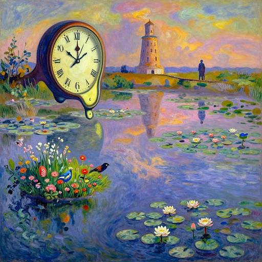 Whimsical painting of a floating clock, lily pond with flowers, and a distant lighthouse at sunset, with a silhouetted figure