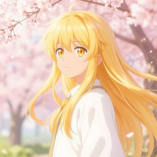 Anime-style digital drawing of a blonde girl with long hair and yellow eyes, wearing a white shirt, standing under blooming cherry blossoms. Soft sunlight