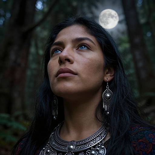 Photograph of a young woman with long black hair, blue eyes, and dark skin, wearing ornate silver jewelry, gazing upward at a full