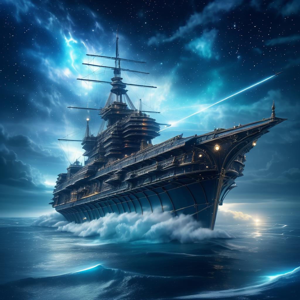 Ethereal Mechanical Warship in Cosmic Storm