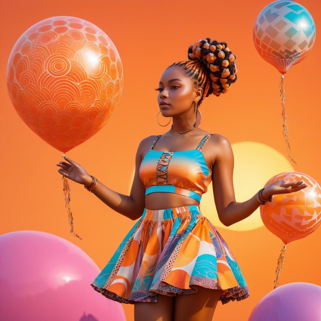 Afrofuturism Girl with Balloons at Sunset