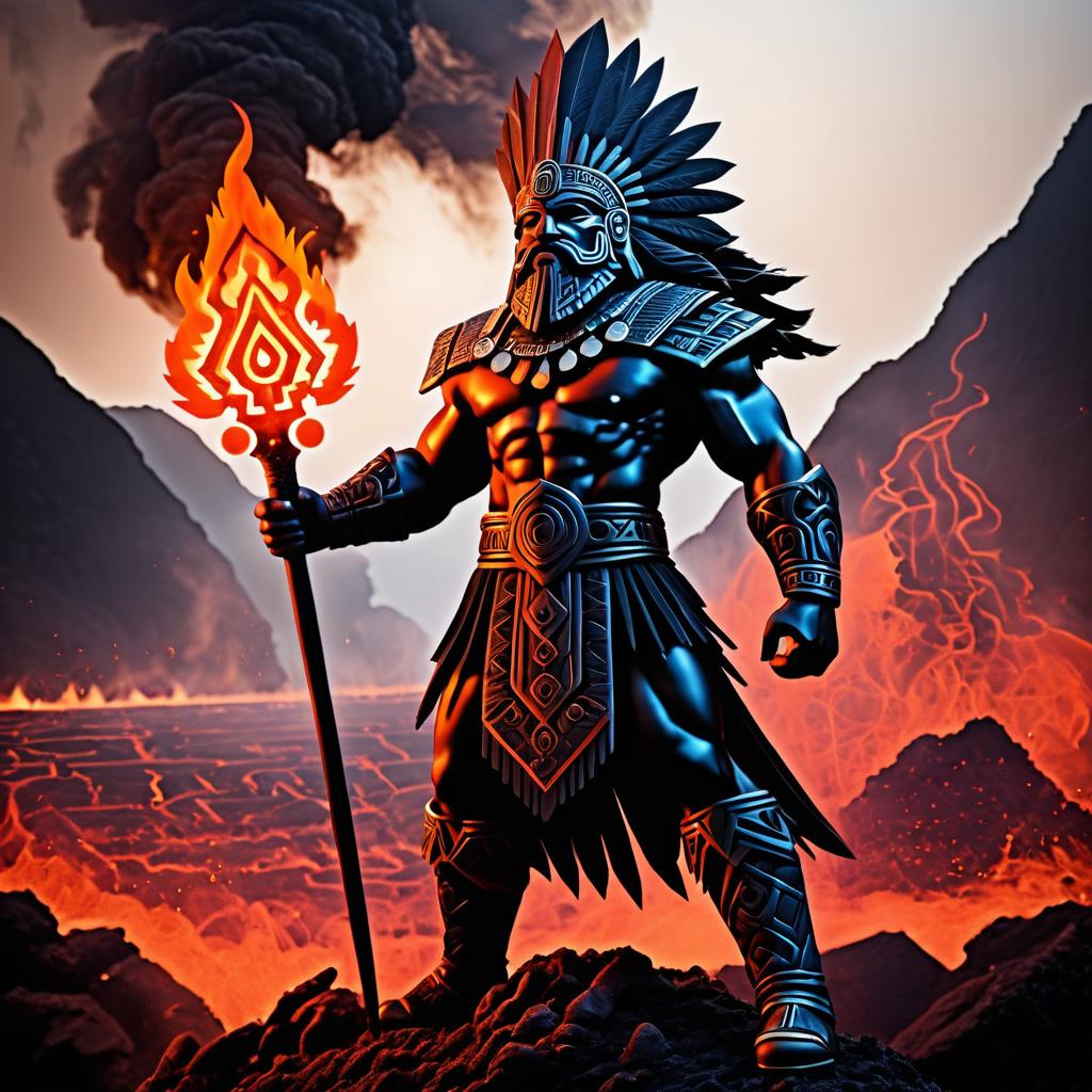 Fierce Aztec Deity in Volcanic Landscape