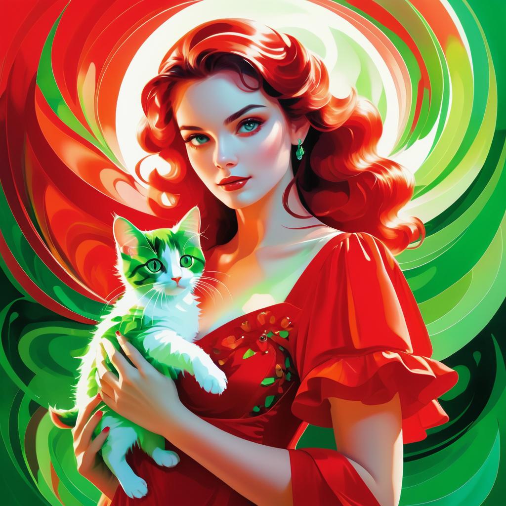 Ethereal Woman in Red Dress with Kitten