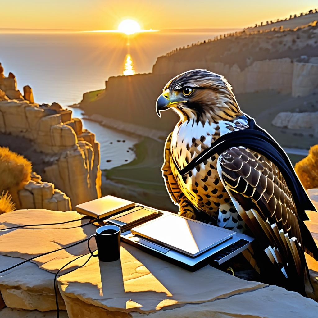 Pensive Hawk in a Sunset Workspace