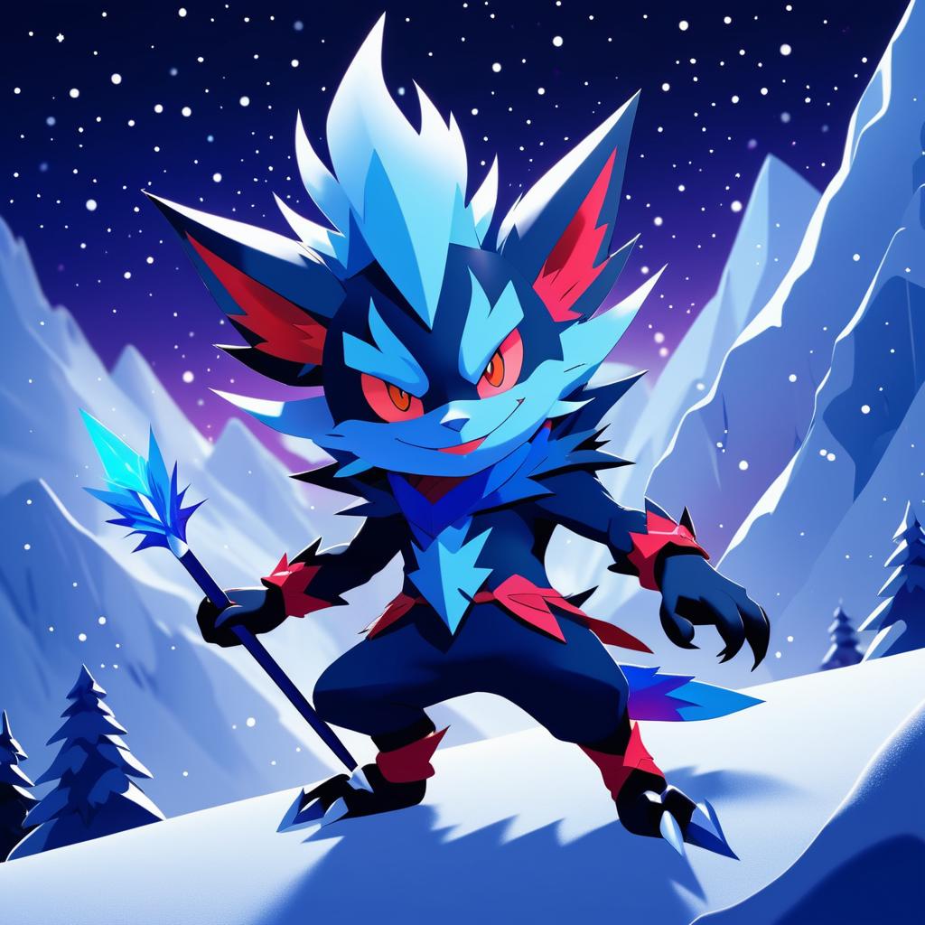 Weavile in a Nighttime Snowy Landscape