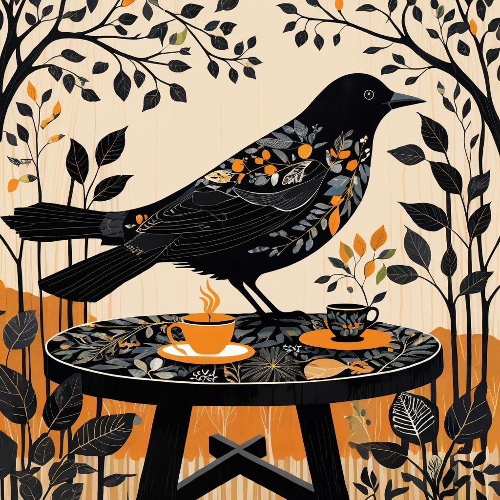 Charming Black Bird on Rustic Table