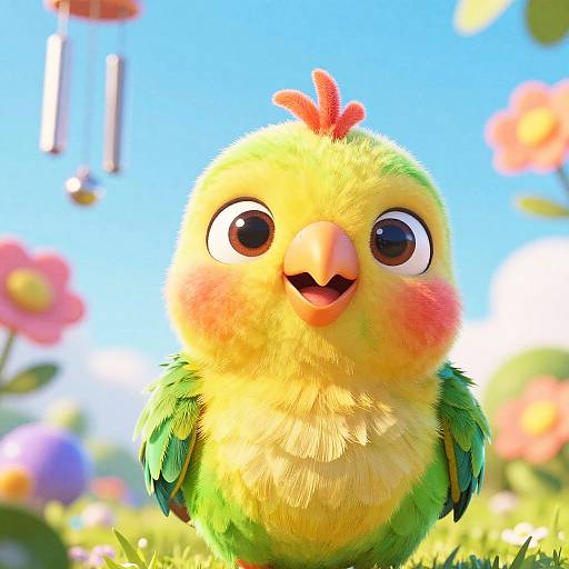 Cute CGI yellow-green parakeet with big eyes, red crest, and pink cheeks in a colorful, sunny flower field background. Digital art.