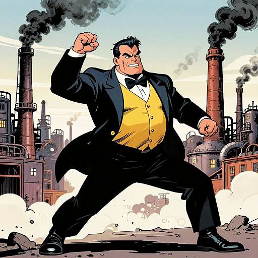 Comic-style illustration of a muscular, angry man in a black tuxedo and yellow vest, flexing his arm amidst an industrial factory with smoking chim
