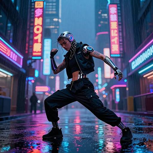 Cyberpunk street scene: tattooed, leather-clad man with headphones, gloves, and boots, strikes a dynamic pose under neon signs in a