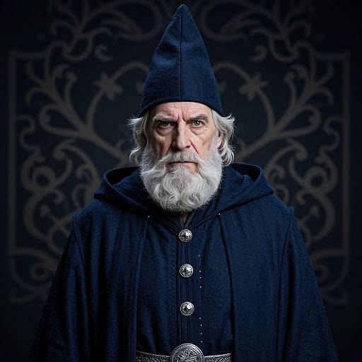 Photograph of a solemn, elderly white man with a long white beard, wearing a black pointed hat and cloak, set against an ornate dark background